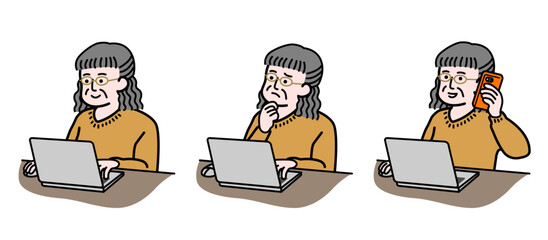 パソコン操作に悩み、カスタマーサービス等に電話をかけて解決したシニア女性のイラストセット