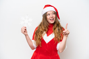 Young caucasian woman with Christmas dress holding snowflake isolated on white background intending to realizes the solution while lifting a finger up