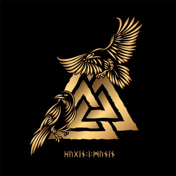 Valknut and Odin's ravens - munin and hugin inscription on the runes. Ancient Celtic and Scandinavian pagan symbol