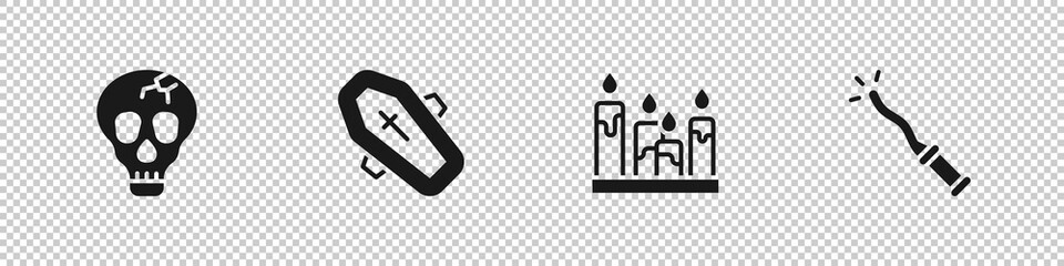 Set Skull, Coffin with cross, Burning candle and Magic wand icon. Vector