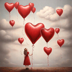 Cute girl looking at red balloons outdoors. Little girl holding heart-shaped balloons. Wedding, Valentine's Day, love concept.