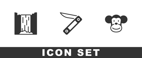 Set Waterfall, Swiss army knife and Monkey icon. Vector