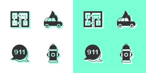 Set Fire hydrant, Evacuation plan, Emergency call 911 and Burning car icon. Vector