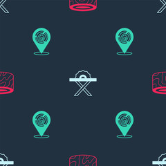 Set Tree stump, Electric circular saw and Wooden logs on seamless pattern. Vector