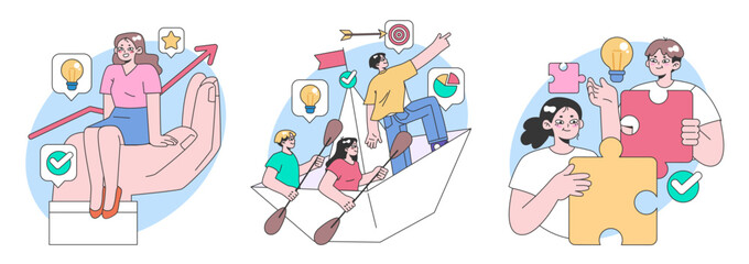 Teamwork set. Colleagues collaborating on projects. Ideas sparking, chart growth, aiming high. Assembling puzzle, unity in action. Flat vector illustration.