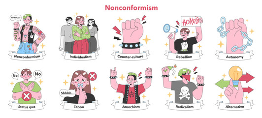 Nonconformism set. Expressions of individualism and rebellion. Break from status quo, exploring autonomy and alternative lifestyles. Flat vector illustration