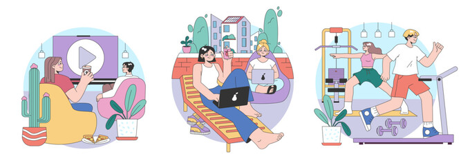 Obraz premium Leisure in Workspaces set. Colleagues relax watching videos, balcony breaks, work from home comfort, fitness during lunch. Recharge, fresh air, exercise, casual attire. Flat vector illustration