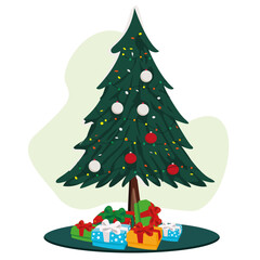 Christmas tree and gift packages under it.