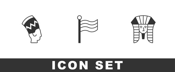 Set Nefertiti, Flag Of Egypt and Egyptian pharaoh icon. Vector