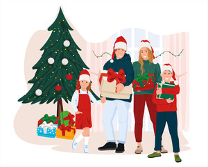 Family celebrating New Year's Eve, decorating the Christmas tree, gift packages.