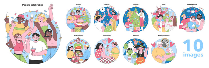 Festive Occasions set. Global celebrations and personal milestones. Joyful gatherings, gift exchanges, and cultural festivities. Flat vector illustration.