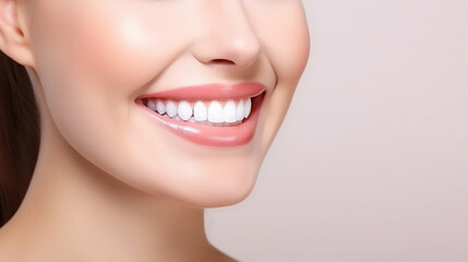 Beautiful female smile after teeth whitening procedure. Dental care. Dentistry concept. Pink background with copy space.