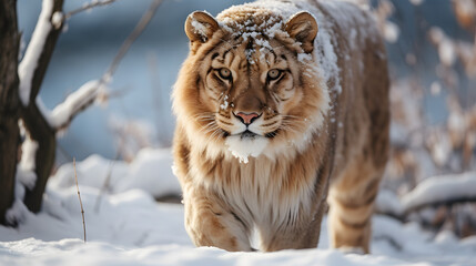 A liger, with a snow-covered landscape as the background, during a brisk winter day