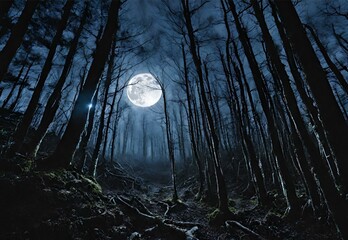 Abyssal Ascent: Japan's Aokigahara Forest Under Moonlight.