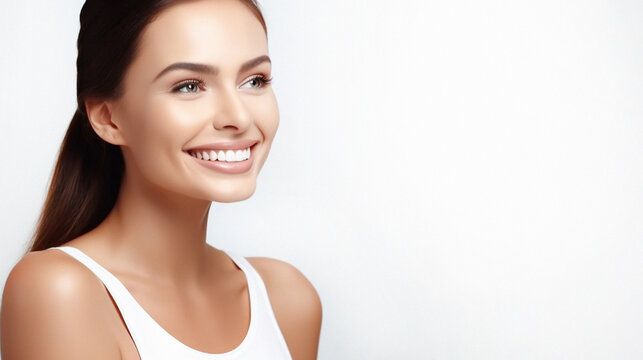 Beautiful female smile after teeth whitening procedure. Dental care. Dentistry concept. Banner with White background with copy space.