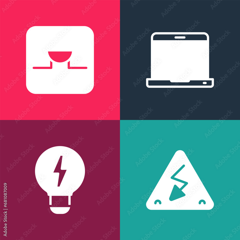 Poster set pop art high voltage, creative lamp light idea, laptop and buzzer in electronic circuit icon. ve