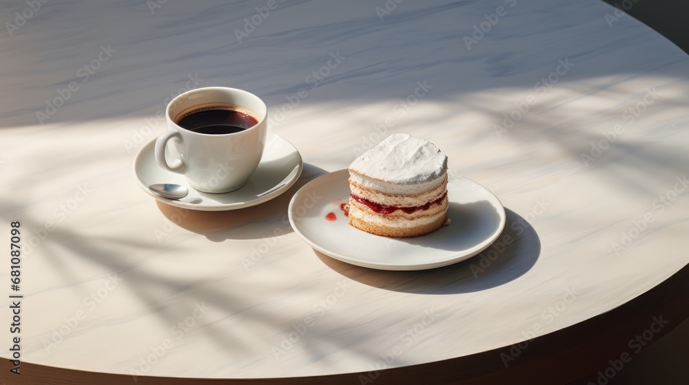 Poster a piece of cake on a plate next to a cup of coffee on a saucer on a white table with a shadow of a t