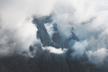 landscape in the mountains with peaks in the clouds