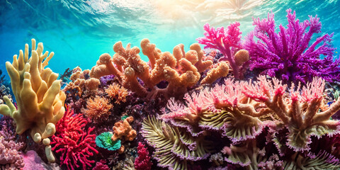 Naklejka na ściany i meble Illustration of underwater world with colorful tropical corals and sunlight streaming through the sea water. Beauty of the coral reef. Generative AI