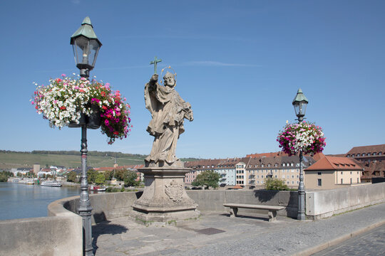 Wurzburg's Old Main Bridge, Germany - Alte Mainbrucke with many nice statues of saints - Nepomuk -is known as the oldest bridge (built 1473-1543)