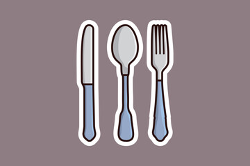 Spoon, Knife and Fork Sticker vector illustration. Home interior equipment icon concept. Restaurant kitchen set sticker logo design.