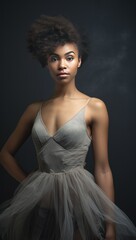 Sophisticated black ballet dancer in an exquisite gray ballet dress, gracefully striking a pose against a dark backdrop, perfectly suited for fashion and lifestyle themes.