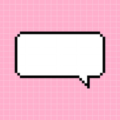 Rectangular horizontal cute horizontal frame in the shape of a pixelated dialog box on a pink checkered background. Vector minimalistic element in 8-bit retro gaming style, bubble.