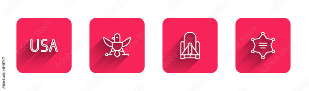 Poster set line usa label, eagle, rocket launch from the spaceport and hexagram sheriff with long shadow. r