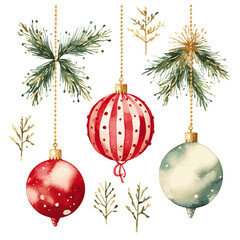 christmas tree decorations christmas balls and baubles watercolor vectors