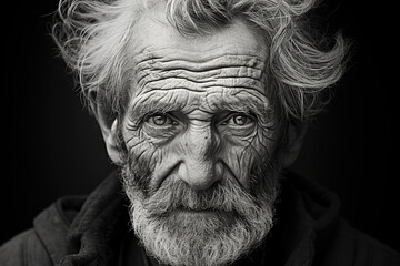 GENERATIVE AI: Time's Gentle Touch - Black and White Portrait of an Elderly Man with Kind Eyes and Wrinkles