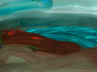 Landscape of the lake among the hills. Color fashionable Abstract art background with. Modern acrylic and gouache painting of landscape. Fashion print.