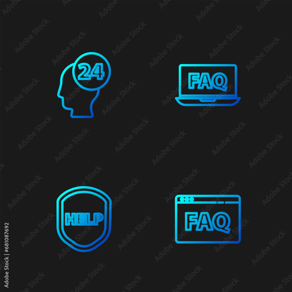 Poster set line browser faq, shield with text help, support operator in touch and laptop and. gradient colo