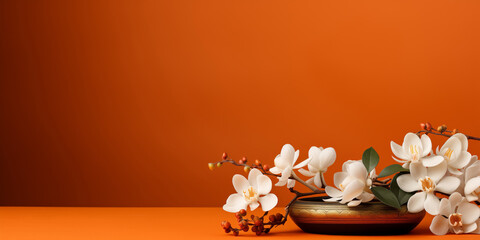 Bronze bowl and white orchid flowers on orange background with copy space, meditation and relaxation time