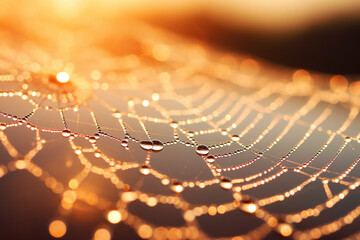 GENERATIVE AI: Dewdrop Dawn - Close-Up of a Dewdrop on a Spider's Web with Soft Bokeh Background at Sunrise