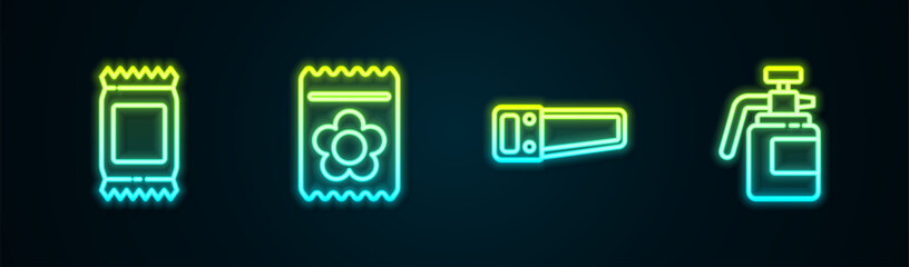Set line Fertilizer bag, Pack full of seeds of plant, Hand saw and Garden sprayer for fertilizer. Glowing neon icon. Vector