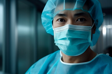 Bright image: Close-up portrait of a dedicated Asian male doctor in uniform, wearing a mask and medical cap, ready for duty.

