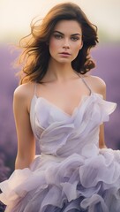 In a lavender field, a young Caucasian woman with windswept hair in a ruffled dress, perfect for lifestyle and high-fashion editorials.
