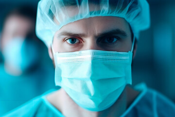Bright image: Close-up portrait of a dedicated European male doctor in uniform, wearing a mask and medical cap, ready for duty.