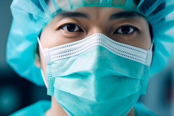 Bright image: Close-up portrait of a dedicated Asian male doctor in uniform, wearing a mask and medical cap, ready for duty.

