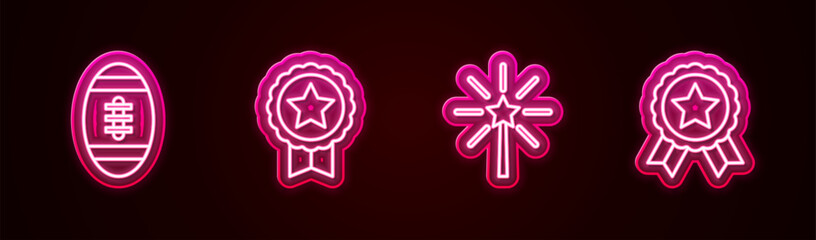 Set line American Football ball, Medal with star, Firework and . Glowing neon icon. Vector
