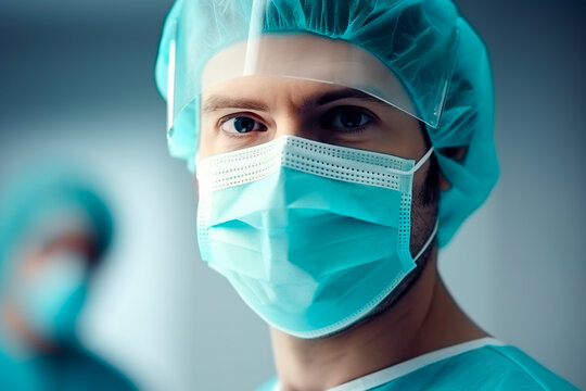 Bright image: Close-up portrait of a dedicated European male doctor in uniform, wearing a mask and medical cap, ready for duty.