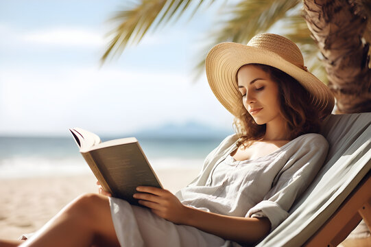 Attractive beautiful girl in a white dress sitting on a white beach and reading a book generated by AI.