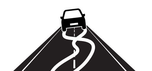 Slippery road. Cartoon car skidding uncontrollably across the highway. warning, vehicle skidding across the road past warning signboard. Traffic, city street. Car skid, traffic sign. car accident icon