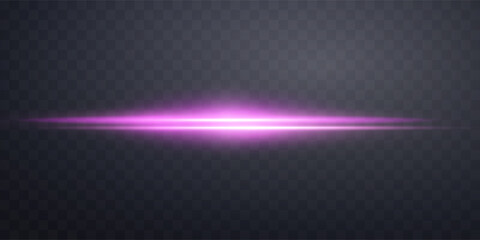 Pink horizontal lensflare. Light flash with rays spotlight. Pink glow flare light effect. Vector illustration. Isolated on dark transparent background.