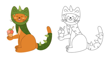 Cute cat character in dragon costume with ice cream. Color, black and white vector illustration.