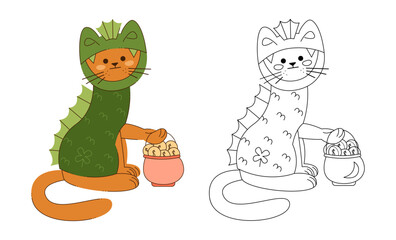 A cat character in a dragon costume with pot with dollar coins. Color, black and white vector illustration.