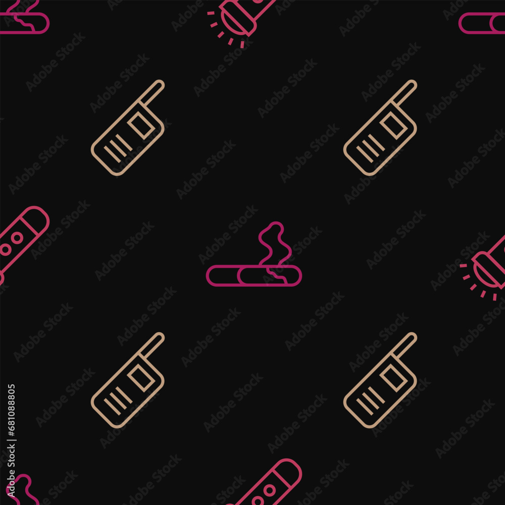Poster set line flashlight, walkie talkie and cigarette on seamless pattern. vector