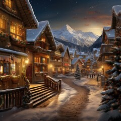Obraz premium A Joyful Christmas in the Mountain Village, generative AI