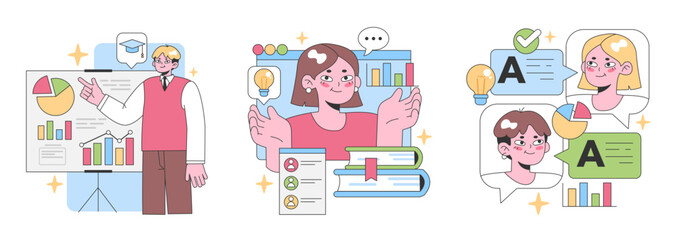 Educational insights set. Professionals exploring data trends, students grasping concepts, and celebrating achievements. Knowledge sharing, progress tracking. Flat vector illustration