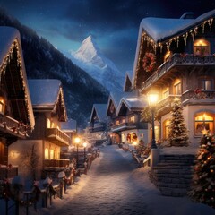 Fototapeta premium A Joyful Christmas in the Mountain Village, generative AI